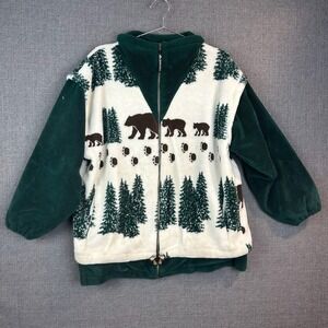Denali‎ Fleece Jacket Full Zip Brown Bear Pine Tree Print Green White Cozy